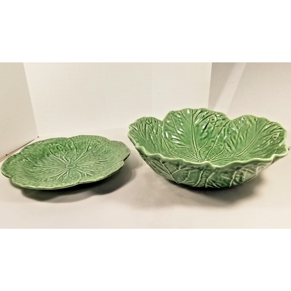 Vintage Kitchen: Bordallo Pinheiro Green Cabbage Leaf Salad Serving Bowl & Plate - Picture 2 of 14